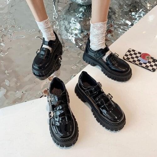 Mary Janes Lolita Shoes Patent Leather 2021 Women Platform Shoes Buckle Girls Thick Sole Ladies Shoes Black Cosplay Flats Shoes