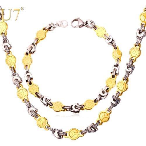 U7 Stainless Steel Chain Set For Men Two Tone Gold Color Peace Symbol Necklace Bracelet Men Jewelry Set Punk Rock Style S781