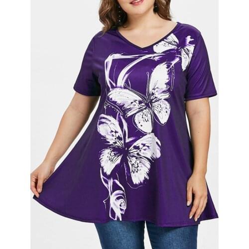 4XL 5XL Plus Size Blouse Women Summer V Neck Short Sleeve Butterfly Print Casual Long Blouse Large Size Ladies Tunic Tops