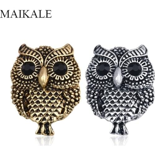 MAIKALE Vintage Metal Owl Brooch Pins Black Crystal Eyes Bird Brooches for Women Shirts Suit Girl Bag Pendant Accessories Gifts