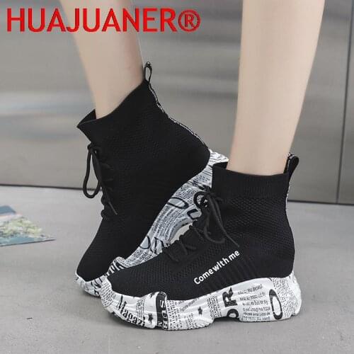 2021 Fashion Letter Graffiti High Platform Ankle Boots for Women Hidden Heels Knitted Casual Shoes Woman Slip on Botas Mujer