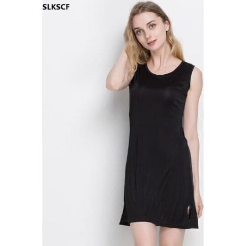 [SLKSCF] 100% Pure Silk Womens Slips Female Long Silk Knitting Bottoming Casual Shoulder-Straps Women Sleeveless Sleep Slip