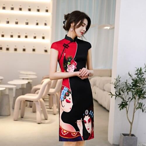 Retro Long Cheongsam Dress Women Elegant Qipao Femme Short Chinese Evening Gown Print Facebook Chinese Style Dress Robe Chinoise