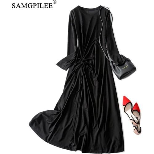 Dresses Women Autumn 2021 Korean Fashion High Waist Drawstring Pleated Round Neck Slim Stretch Spring Long Black Dress Woman 4XL