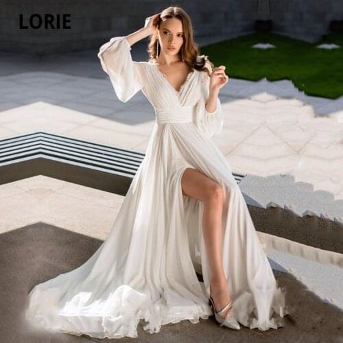 LORIE Beach Wedding Dresses Chiffon V-Neck High Side Split Long Sleeves Bride Dress Long Backless Wedding Gown robe de mariee