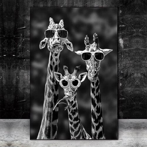 Giraffes with Sunglasses Funny Art Canvas Painting Black White Animals Postes and Prints on The Wall Art Pictures for Home Decor