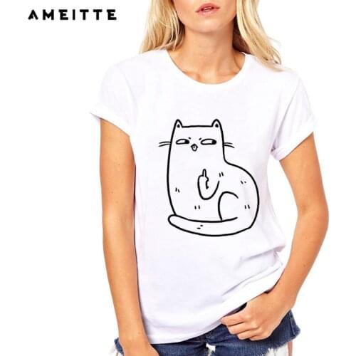 AMEITTE Summer Tops Funny Cat giving the finger T Shirts Women Cute Animals Print Fashion All-match Female White Tee Shirt