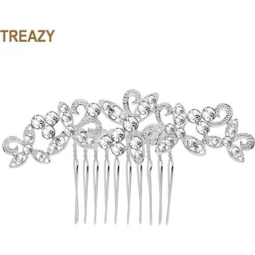 Sparkly Rhinestone Crystal Leaf Flower Hairpins Silver Color Wedding Tiara Bridal Hair Combs Women Wedding Hair Accessories