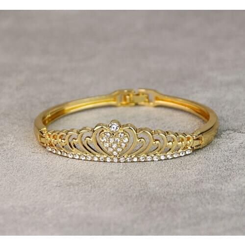 Neovisson Gold Color Crystal Crown Bangle Hollow Cuff Bracelet Set for Women Arabic Ethnic Wedding Jewelry Algerian Bridal Gift