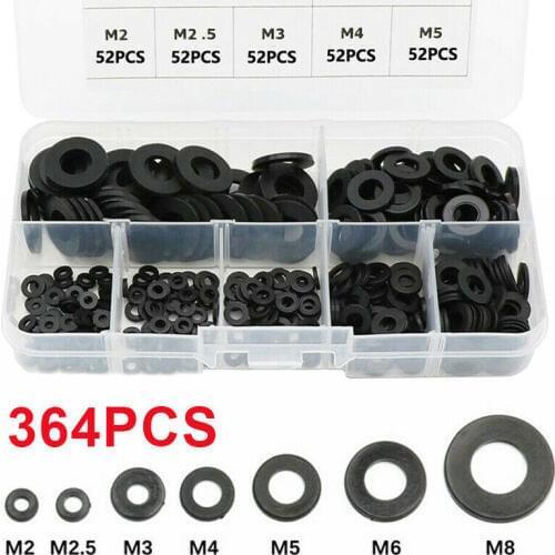 364Pcs Black Nylon Flat Ring Plain Repair Washer Gasket For Metric M2~M8 Bolts Screws Durable