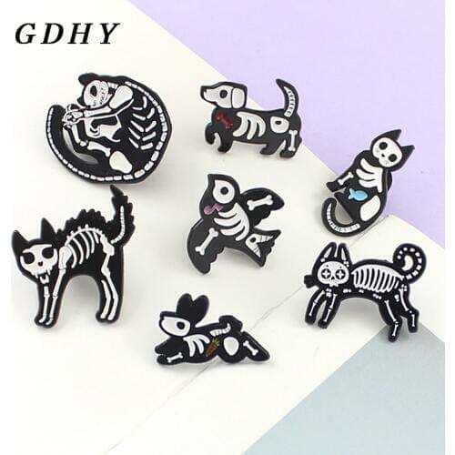 GDHY Gothic Cat Rabbit Bird Skeleton Skull Brooch Enamel pin for Women Lapel Backpacks Brooches Skeleton Jewelry Gift Bijoux