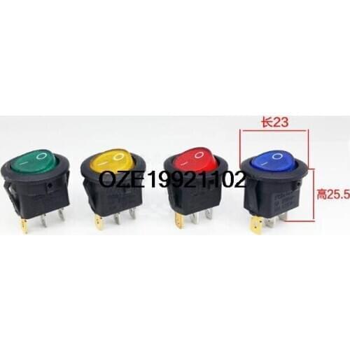 KB-06 6A 250V Red/ Yellow/ Blue/ Green Round 3Pin With Light Rocker Switch 3pieces
