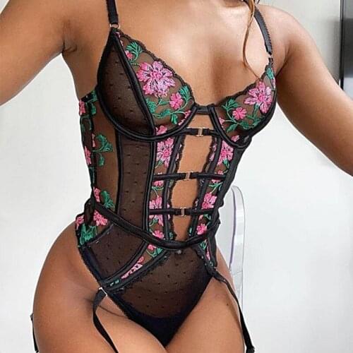 New Bra Set Sexy Lace Flower embroidery Bodycon Women Underwear Embroidery Hollow Corset Sleepwear Onesies Panties Set