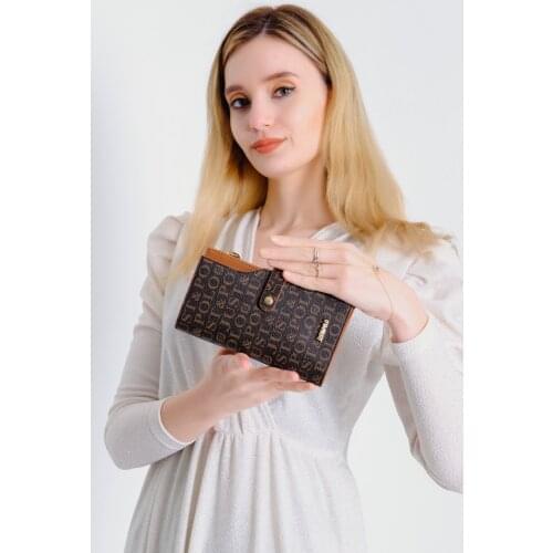 Brown-Tan Womens Print Patterned Lock Detailed Card Holder Wallet JP009