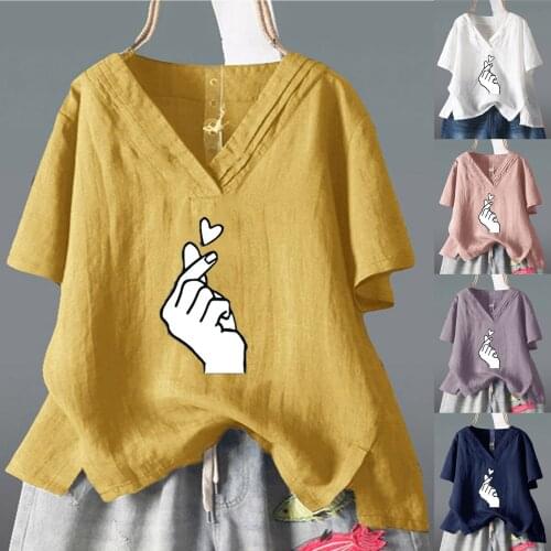Ladies Love Gesture Printing Casual V-Neck Short-Sleeved Loose Tops Summer Sexy Womens T-Shirt Female Blusas Large Size S-5XL