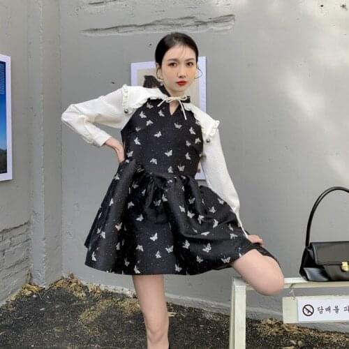 Vintage French Girl Sweet Kawaii Butterfly Jacquard Patchwork Dress A-line Mini Princess Dress Female Vestido de mujer