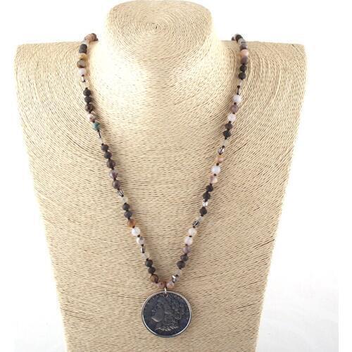 MOODPC Fashion Bohemian Tribal Jewelry 6mm Natural Stones and Crystal Long Knotted Metal Disco Pendant Necklaces Women Necklace