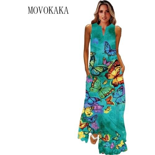 MOVOKAKA New Butterfly Print Green Dress 2021 Casual Plus Size Girls Long Dresses Summer Woman Sleeveless Beach Maxi Dress Women