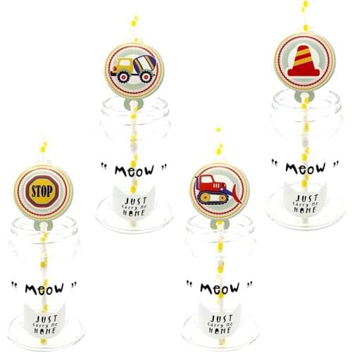 12pcs Disposable Biodegradable Paper Straw Tube Eco Friendly For Boy Kids Construction Vehicle Birthday Party Supplies Tableware