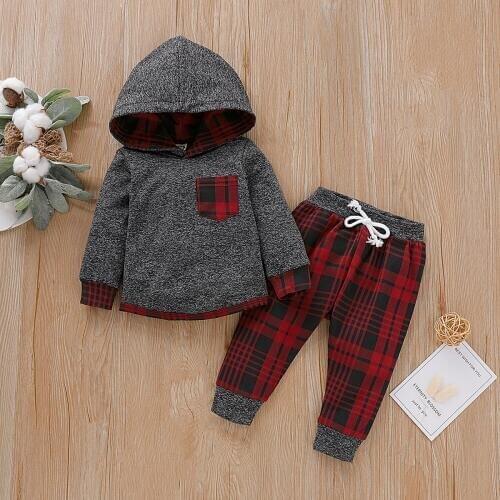 Pudcoco Autumn Newborn Baby Boy Girl Clothes Cotton Plaids Hooded Tops Long Pants 2Pcs Outfits Sweater Warm Clothes