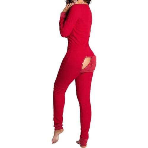 Sexy Women One-piece Jumpsuit Slim-Fit Long Sleeve Long Leg Pants Pajama Bum Open Homewear Button Flap Bodysuit One-sies
