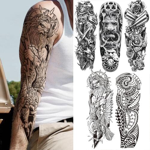 Full Arm God Eagle Temporary Tattoos Sleeve For Men Adults Fake Trainee Gun Totem Skeleton Tatoo Super Large Tattoo Stickers DIY