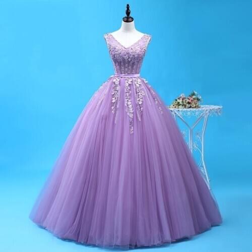 Sexy V-Neck Lilac Quinceanera Dresses For 15 Party Formal 3D Flower Applique Floor-length Tull Sweet 16 Dress Princess Gowns