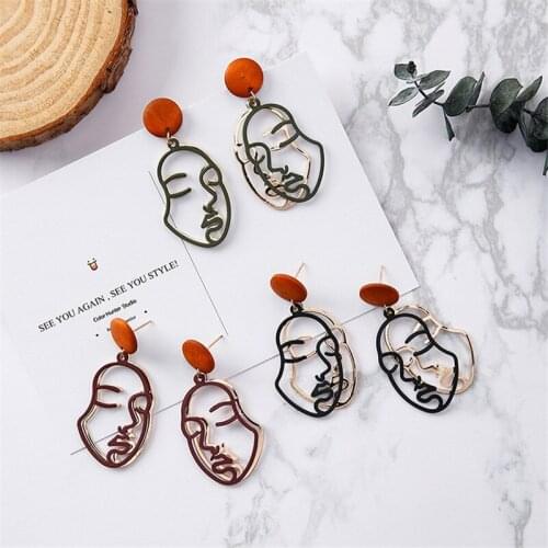 Geometric Face Metal Wood Earrings Personality Creative Double-Layer Face Hipster Earrings Female Trendy Simple Jewelry Gift