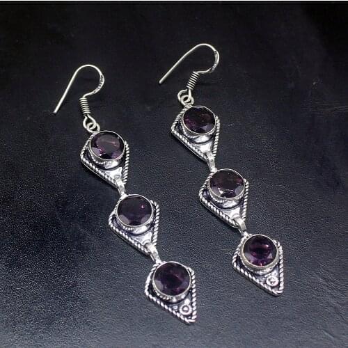 Gemstonefactory Big Promotion 925 Silver Vintage Purple Amethyst Fashion Women Ladies Gifts Dangle Drop Earrings 20212373