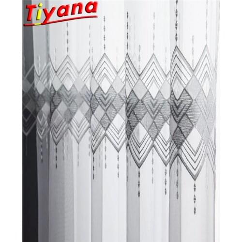 Blue/Grey Gradient Geometric Embroidery Tulle Curtains for Living Room Modern Diamond Square Pattern Yarn for Balcony #VT