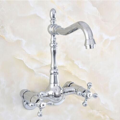 3-3/8" Polished Chrome Swivel Spout Kitchen Sink Faucet / Wall Mounted Dual Cross Handles Bathroom Basin Mixer Taps Nqg209