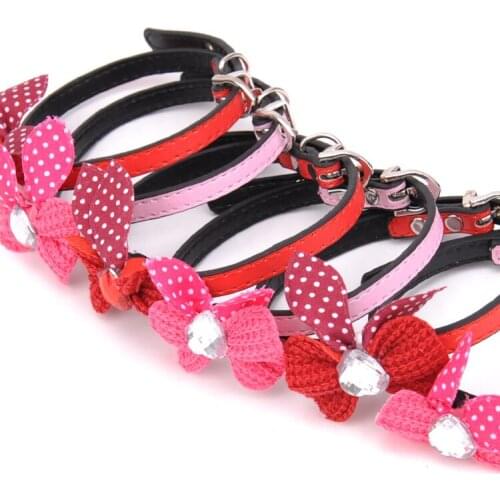 Transer Pet Dog Supplies Adjustable Leather Jewelry Bow Tie Dog Collar Necklace with Rhinestone Crystal Bowknot