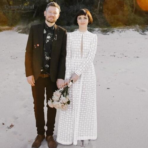 Vintage Long Sleeve Wedding Dresses Lace V-Neck Floor length Elegant Bridal Gowns Lovely Engagement Noivas DW499