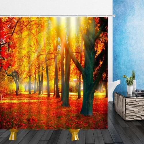 Autumn Landscape Shower Curtain Tree Yellow Red Leaves Leaf 3D Waterproof Polyester Cloth Bathroom Shower Curtains Bath Screen