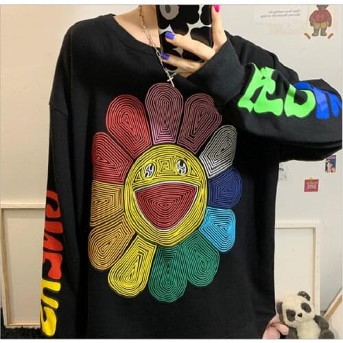 Womens Sweatshirt Y2K Sunflower Print Crewneck Hoodie Women Harajuku Rainbow Sweatshirt Korean Fashion Long Sleeve Pullover