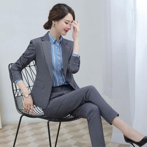 IZICFLY Autumn Spring Gray New Style Trouser And Jacket Blazer Set Work Wear Business Slim Office Women Pant Suit Two Piece
