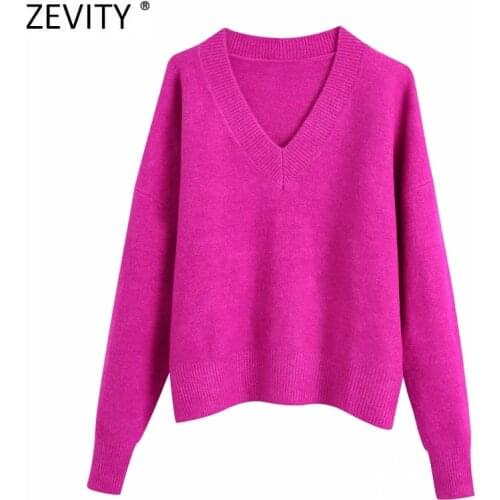 Zevity Women Simply V Neck Soft Touch Casual Purple Knitting Sweater Female Chic Basic Long Sleeve Pullovers Brand Tops SW901