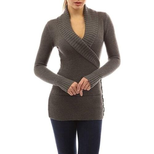 Woman Long Sleeve Slim Shawl Collar Lace-up Sweaters Fashion Pullover Sweater Sexy V Neck Knitted Sweater Elegant Ladies Tops