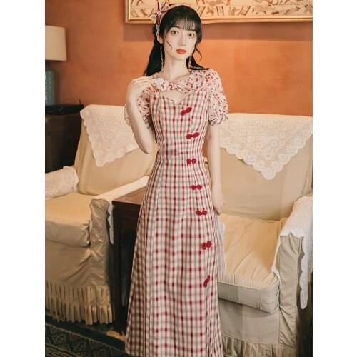 Summer Womens Dress Red Lattice Cheongsam Dress Chinese Style Bow Collar Retro Womens Dress Cheongsam One-Piece Dresses