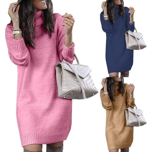 Warm Large Size Turtleneck Long Sleeve Sweater Dress Women Autumn Winter Loose Knitted Casual Solid Color Wild Knee Dress