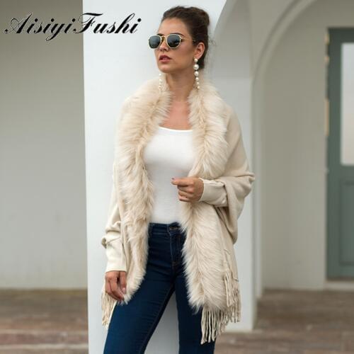 Winter Tassel Shawl Cardigan Long Sleeve Tassels Women Loose Outerwear Cardigan Ladies Knitting Shawl Cardigan with Fur Collar