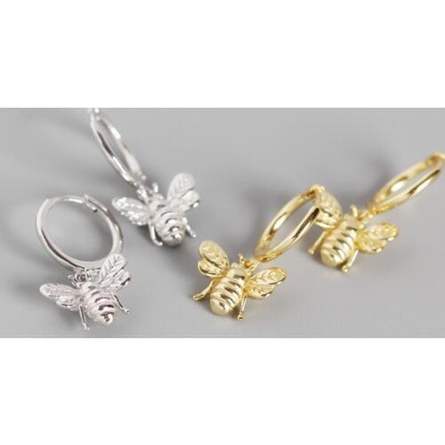 1PAIR 100% Authentic 925 Sterling silver Insect Animal Honeybee Bee hoop Huggie earrings FINE jEWELRY TLE685