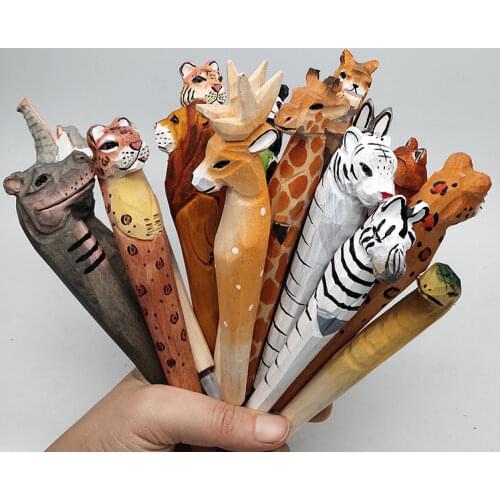 20pcs/set Wholesale Cartoon Wedding Gifts Stationery Cute Handmade Wood Carving Pen Wholesale Wood Animal Pen for Kids