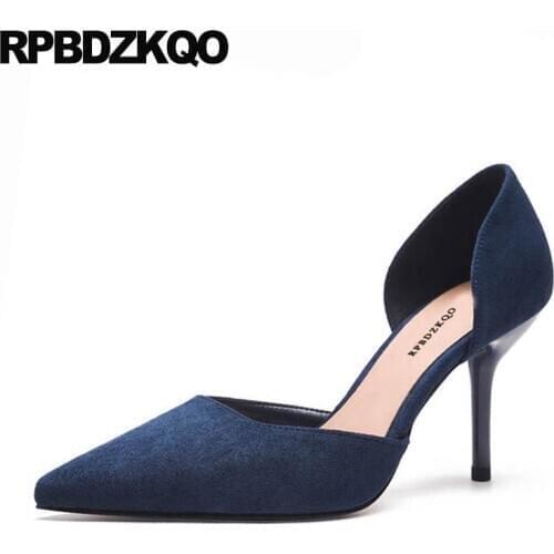 High heels women fashion 2019 summer shoes casual pumps 3 inch size 4 34 stiletto pointed toe blue suede sandals medium female