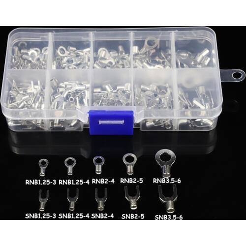 320Pcs/Box 10 In 1 Terminals Non-Insulated Ring Fork U-type Brass Terminals Assortment Kit Cable Wire Connector Crimp Spade