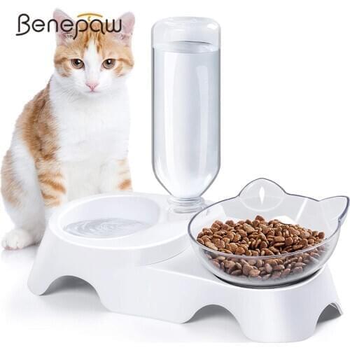 Benepaw Durable 15°Tilted Double Cat Bowl Raised Eco-friendly Water Food Kitten Puppy Pet Feeder With Automatic Waterer Bottle