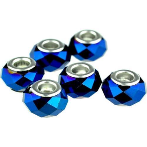 Free Shipping 100pcs/lot Blue Plated Faceted Glass Beads Murano Big Hole Beads Fit European Charms Bracelet DIY Beads 14x9mm