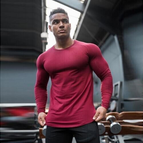 Brand Mens Solid Color Fitness Fashion Long Sleeve Bodybuilding Breathable Casual Autumn and Winter Trend Slim Sports T Shirt