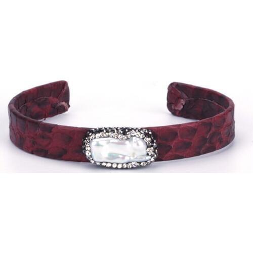 Natural Freshwater Big Pearl Bead Pave Rhinestone Charm Dark Red Real Leather Wrap Adjustable Open Bracelet Cuff Bangle Women