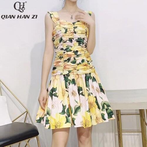 Qian Han Zi designer fashion sexy Spaghetti Strap dress summer womens dress 2021 Camellia print skinny Folds mini dress